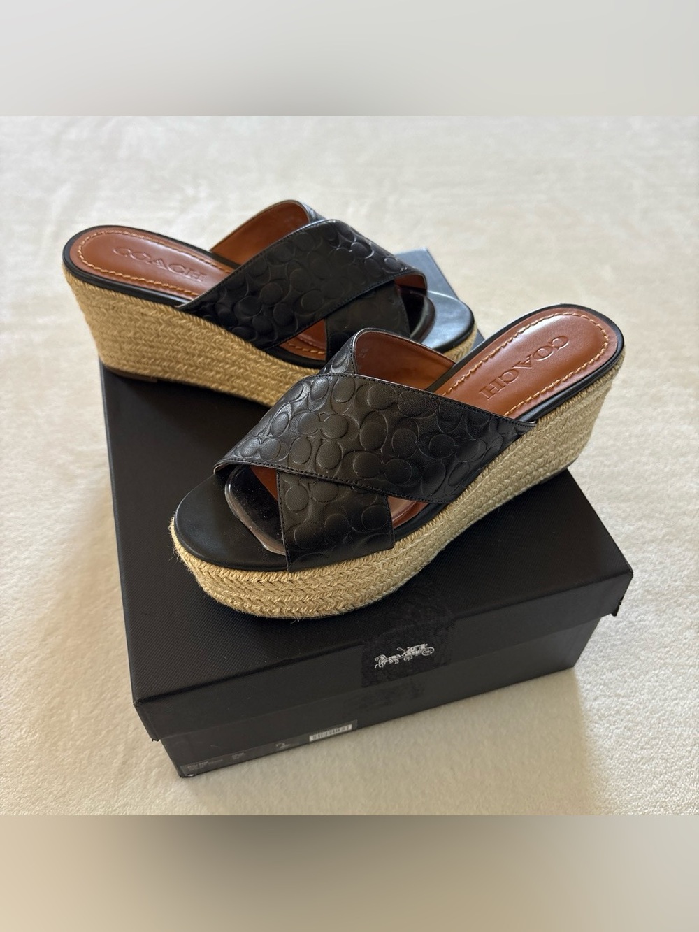 Coach Black Leather Crisscross Espadrille Wedge Sandal Size 7 with Box